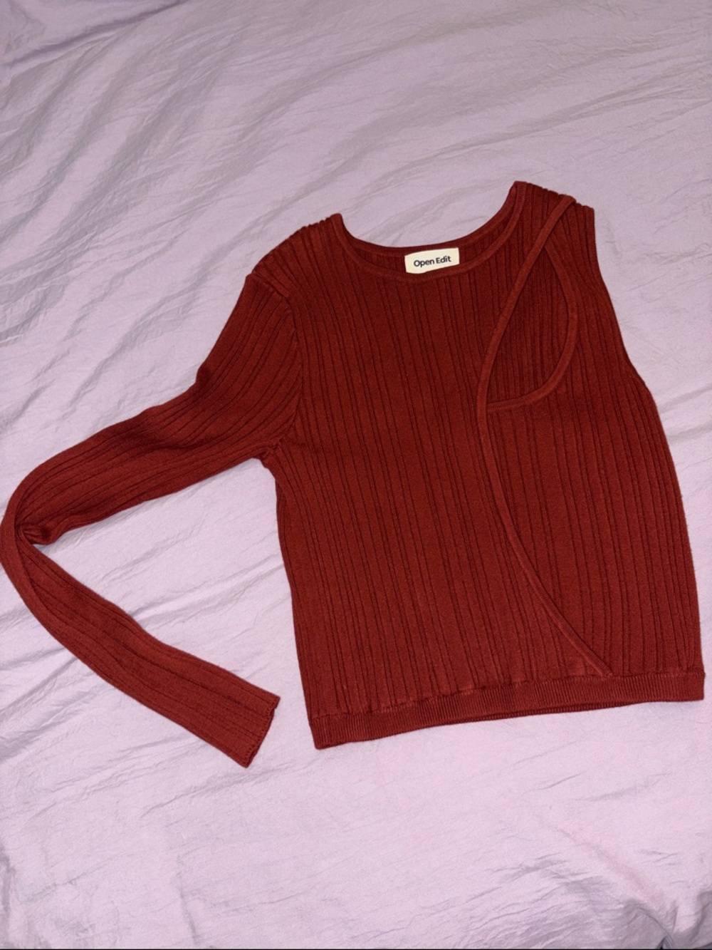 Open Edit Women's Off-the-Shoulder Ribbed Sweater in Rust